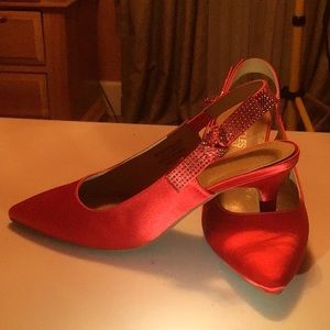Red Satin and Rhinestone Pumps